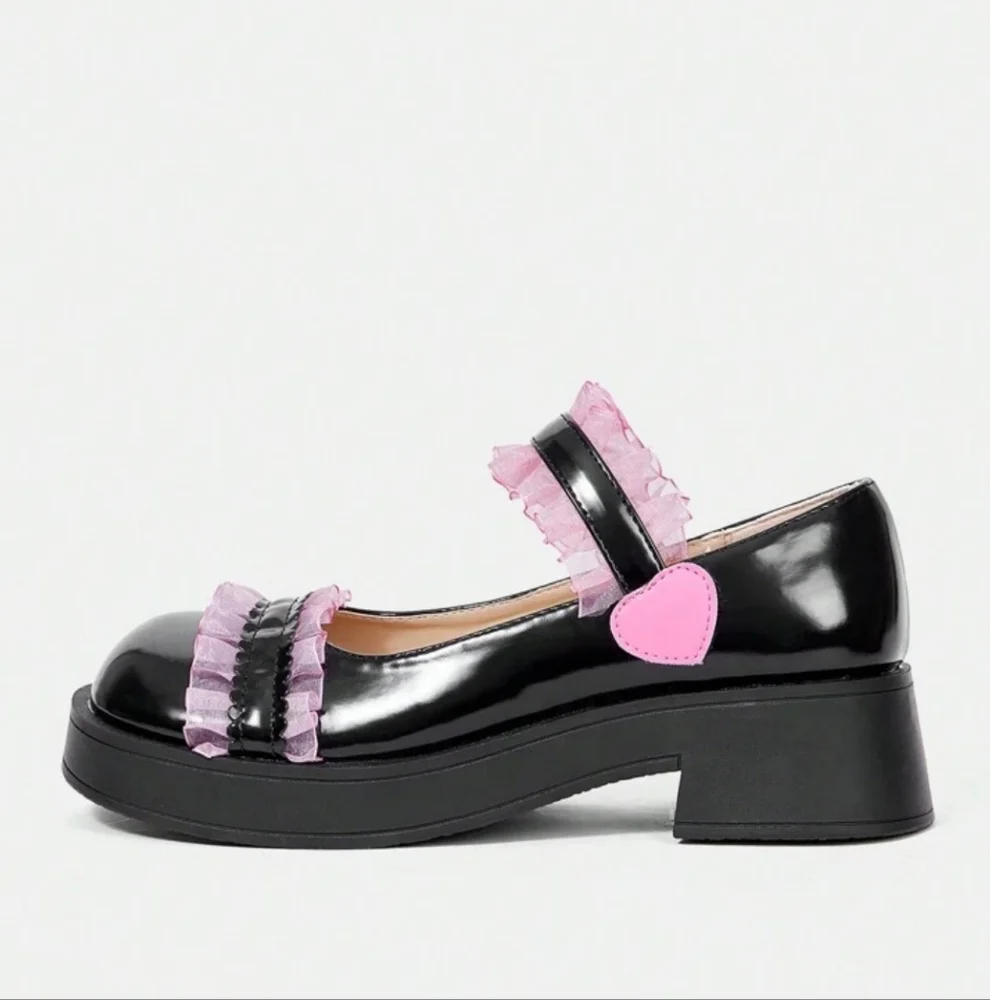Black Mary Jane Shoes with Pink Ruffle